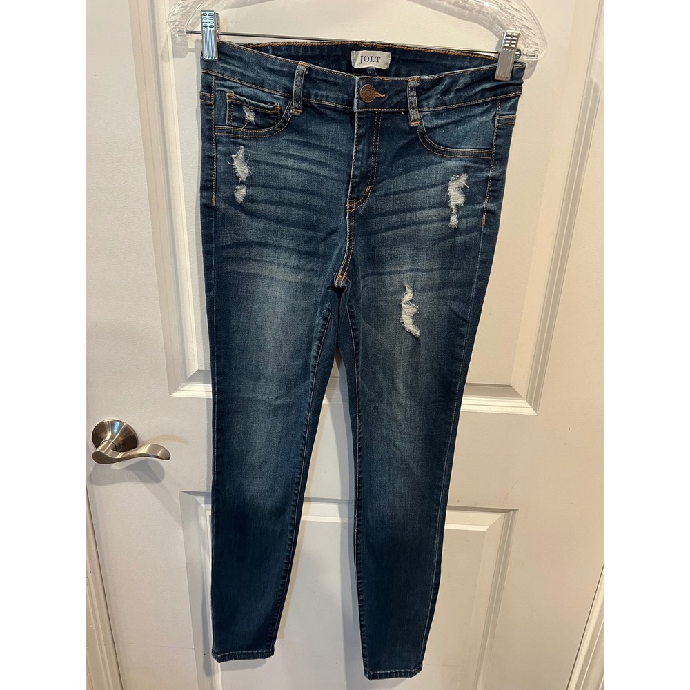 Jolt Womens Skinny Jeans Distressed Dark Wash Blue Size 7 28w